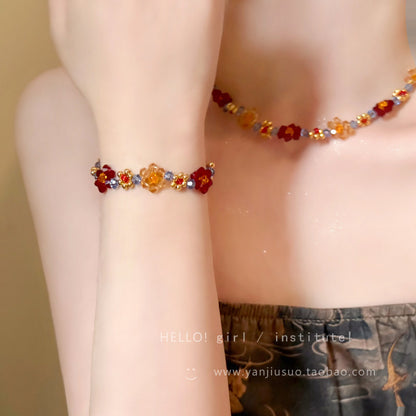 Boho Vintage Handmade Beaded Flower Necklace Bracelet Set