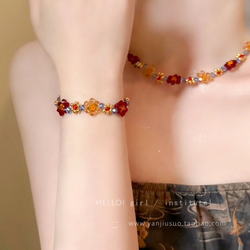 Boho Vintage Handmade Beaded Flower Necklace Bracelet Set