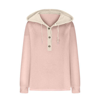 Women's Waffle Knit Color Block Henley Hoodie Long Sleeve