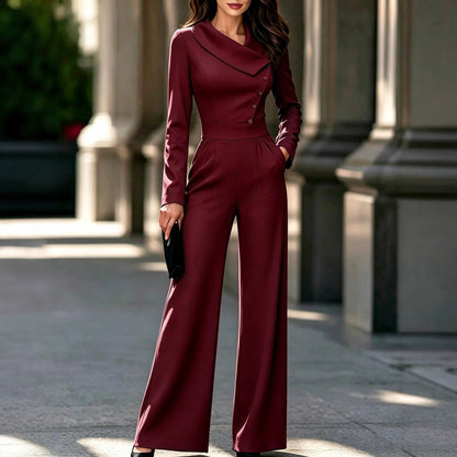 Elegant Shawl Collar Asymmetric Button Wide Leg Jumpsuit
