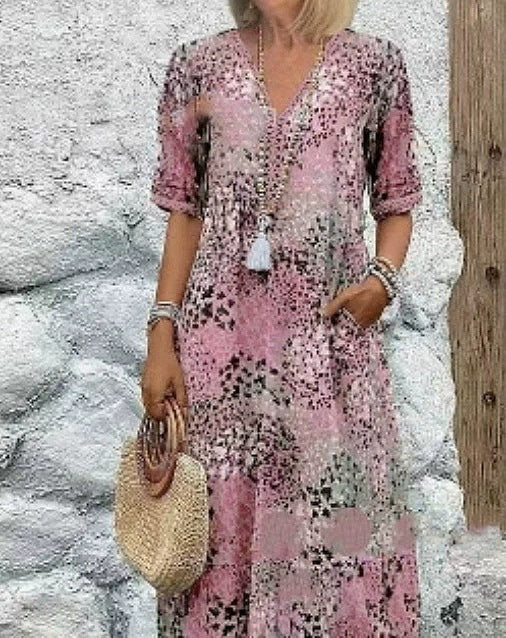 Women's Boho V-Neck Short Sleeve Maxi Dress with Pockets