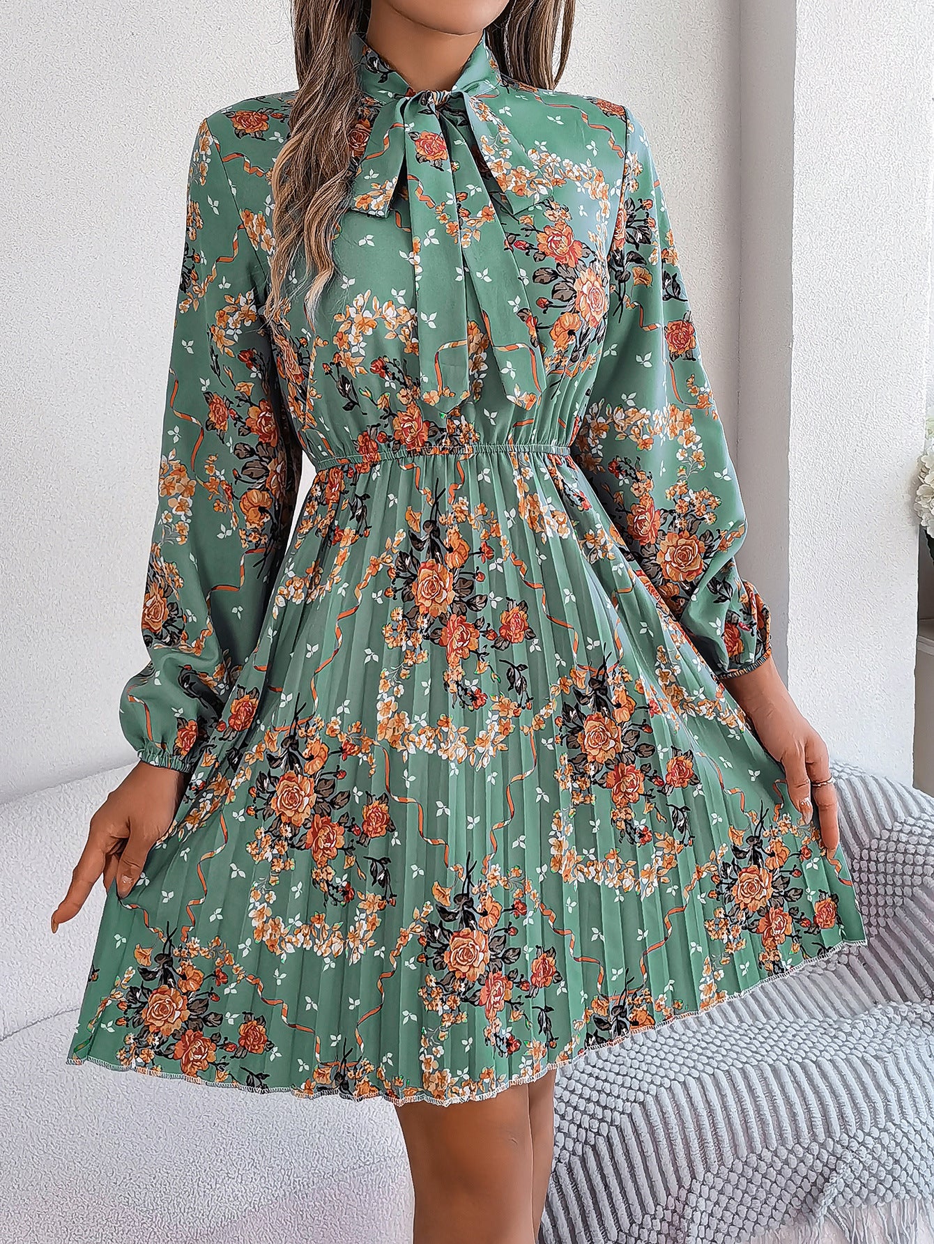 Floral Tie Neck Long Sleeve Pleated Midi Dress
