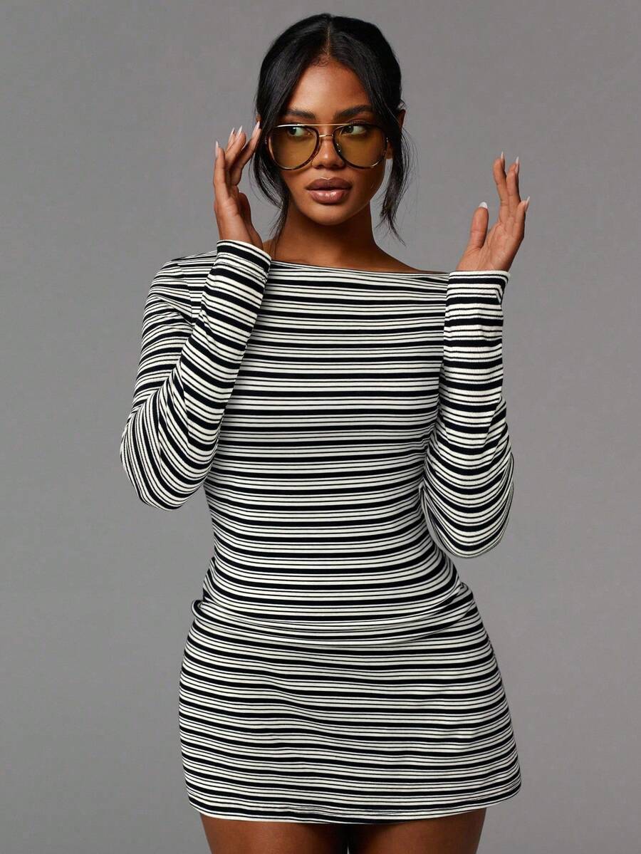 Striped Mesh Mini Dress Long Sleeve Bodycon Boat Neck