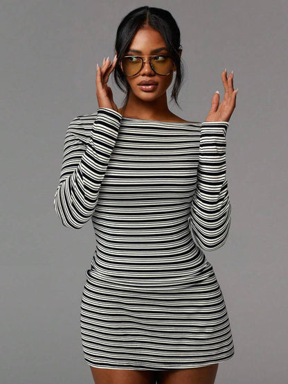 Striped Mesh Mini Dress Long Sleeve Bodycon Boat Neck