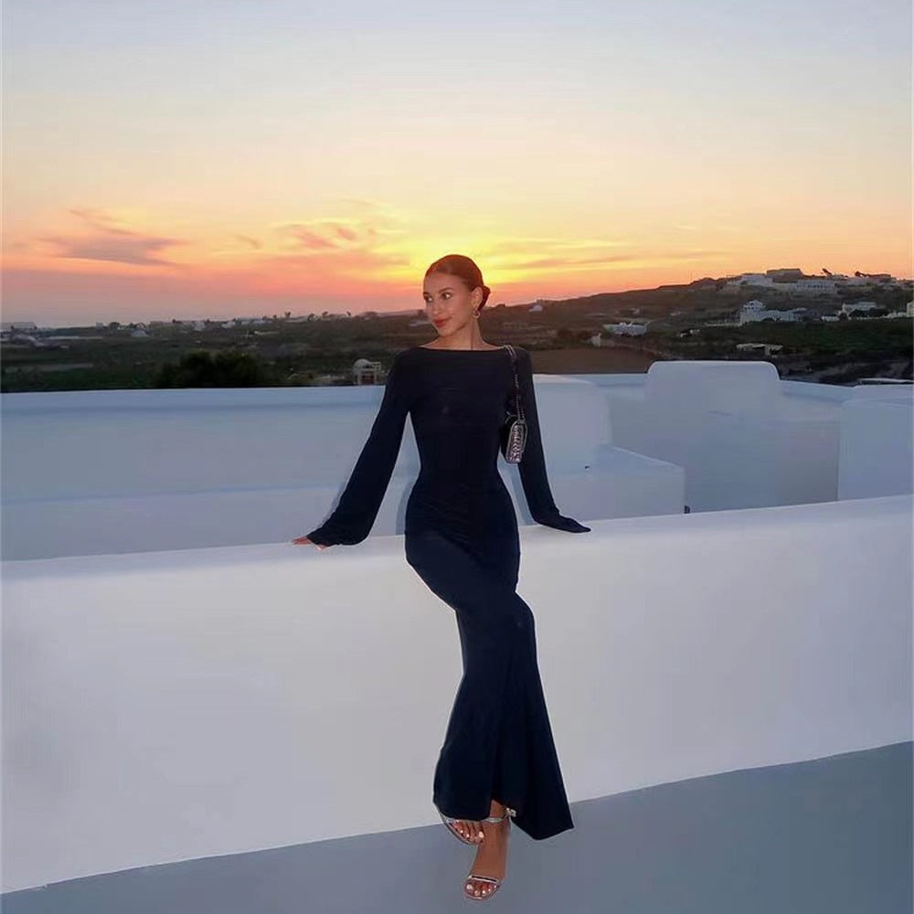 Sexy Open Back Long Sleeve Maxi Dress