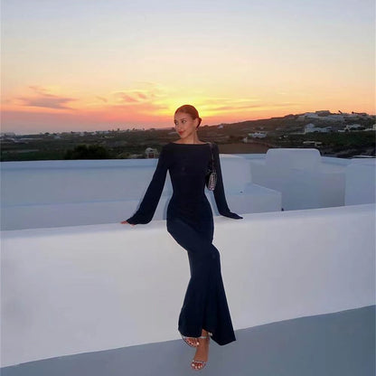 Sexy Open Back Long Sleeve Maxi Dress