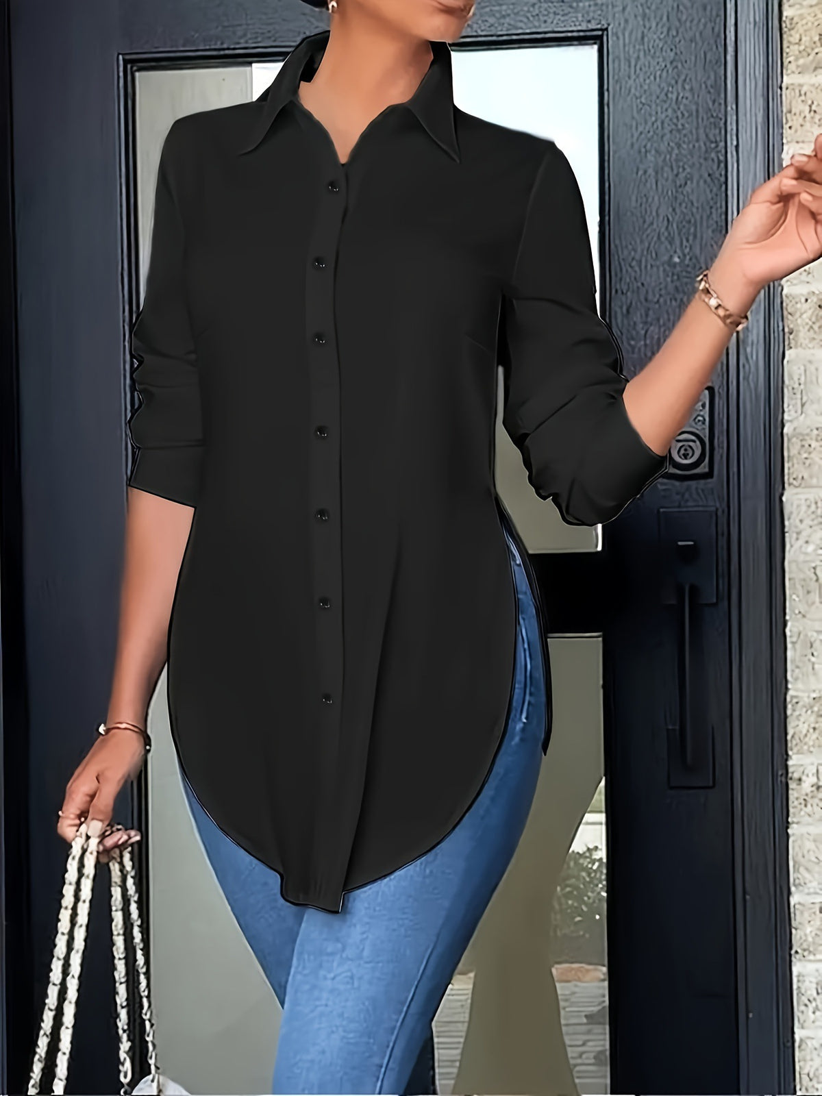 Women's Split Hem Long Sleeve Button Down Tunic Shirt