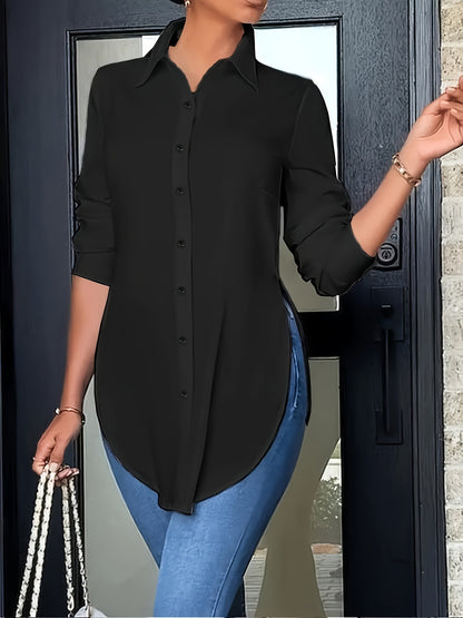 Women's Split Hem Long Sleeve Button Down Tunic Shirt