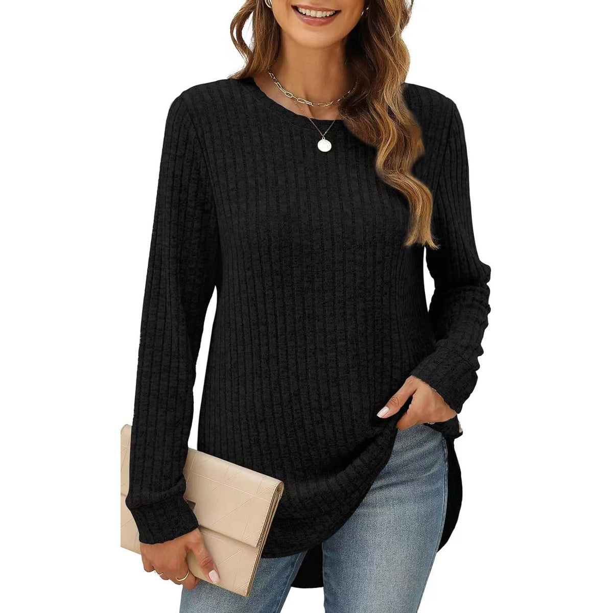 Women's Loose Ribbed Long Sleeve Crew Neck Tunic Top