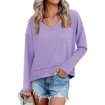 Women's V Neck Long Sleeve Casual Loose Pullover Top