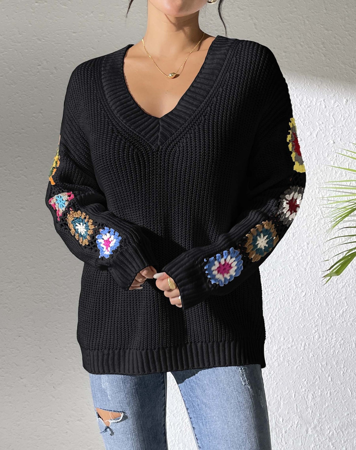 Fall/Winter Casual Loose V-Neck Crochet Floral Sweater