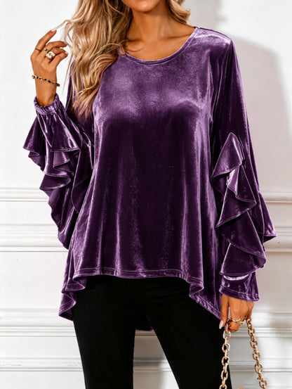 Women's Velvet Ruffle Sleeve Loose Tunic Top