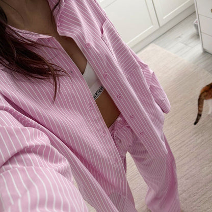 Women's Striped Oversized Shirt and Pants Lounge Set