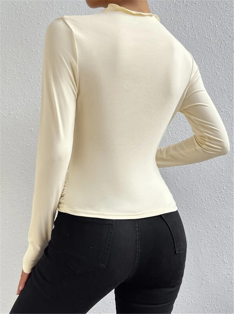 Women's Mock Neck Ruched Long Sleeve Fitted Top