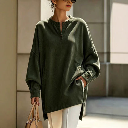 Women's Oversized Henley Tunic Textured Long Sleeve