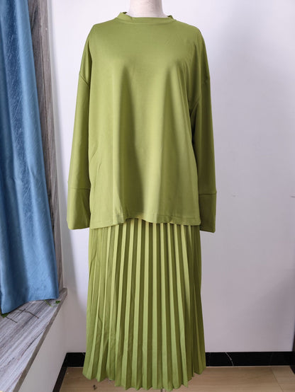 Women Oversized Sweatshirt Pleated Maxi Skirt Set