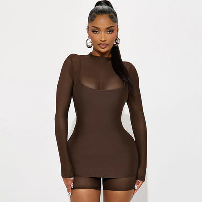 Sexy Mesh Panel Long Sleeve Bodycon Mini Dress