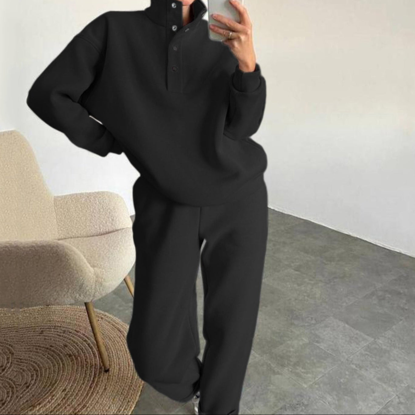 Women's Snap Button Stand Collar Sweatshirt & Pants Set