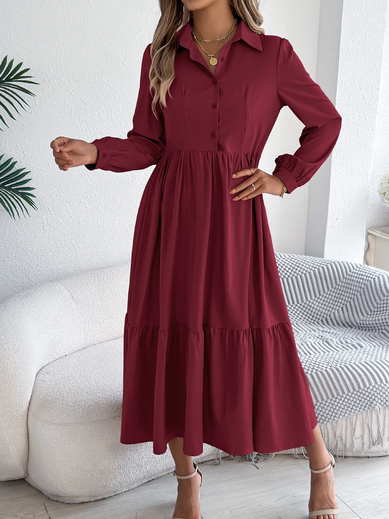 Collared Long Sleeve Tiered Shirt Dress