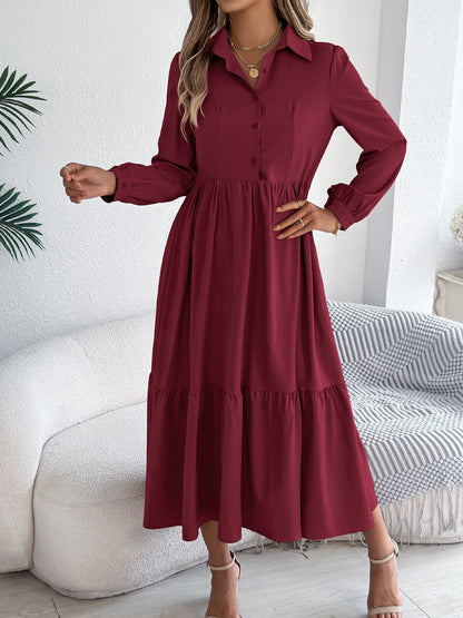 Collared Long Sleeve Tiered Shirt Dress
