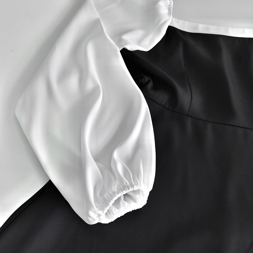 Black White Square Neck Puff Sleeve Ruffle A-Line Dress