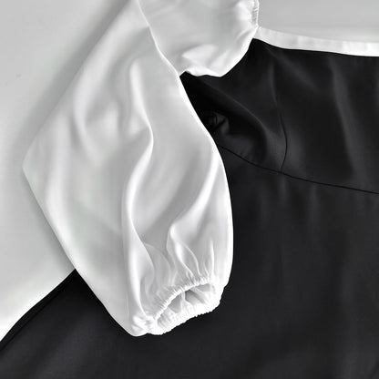 Black White Square Neck Puff Sleeve Ruffle A-Line Dress