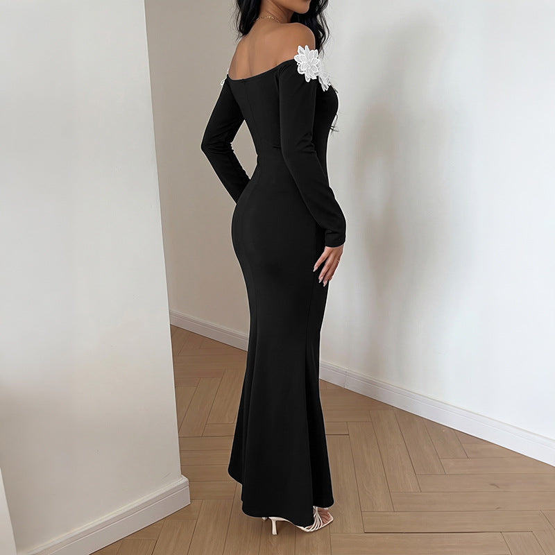 Off Shoulder Flower Applique Bodycon Maxi Dress