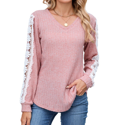 Women's V Neck Lace Long Sleeve Tunic Top