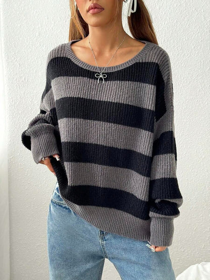 Women's Oversized Striped Crew Neck Casual Sweater
