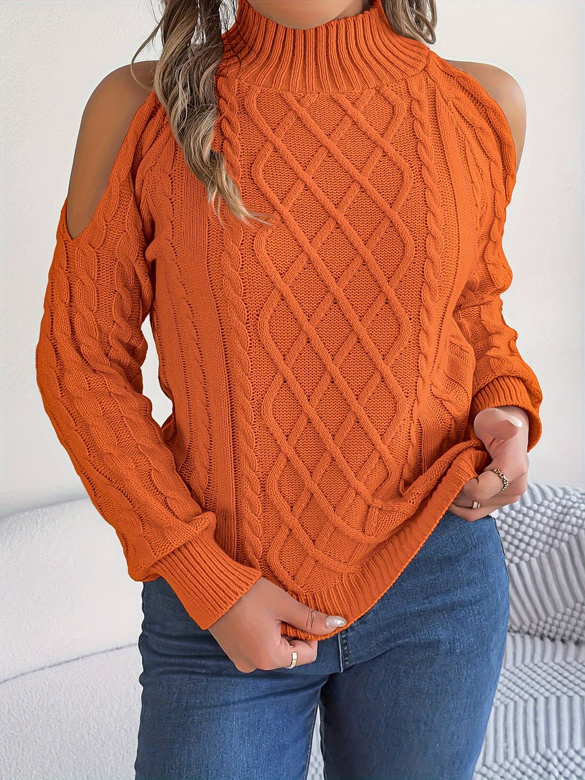 Women's Cold Shoulder Cable Knit Mock Neck Sweater