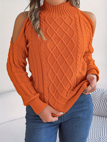 Women's Cold Shoulder Cable Knit Mock Neck Sweater
