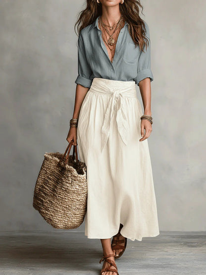 Women's Color Block Shirt & Skirt Two Piece Set