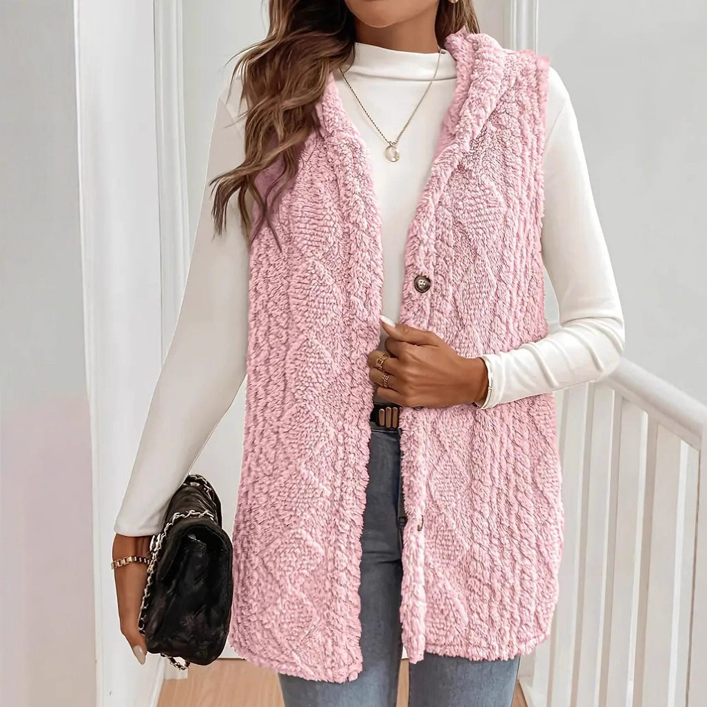 Women Sherpa Hooded Button Down Long Vest