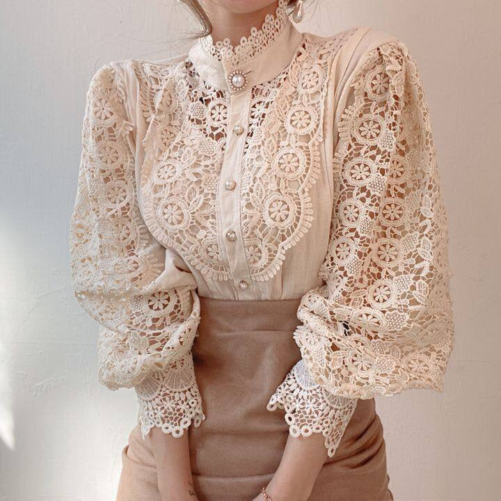 Women's Crochet Lace Floral Bishop Sleeve Blouse