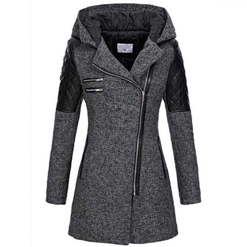 Women Hooded Faux Leather Quilted Asymmetrical Zip Coat