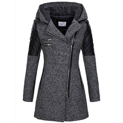 Women Hooded Faux Leather Quilted Asymmetrical Zip Coat