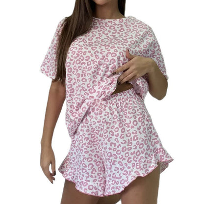 Leopard Print Pajama Set Ruffle Trim Shorts Loungewear