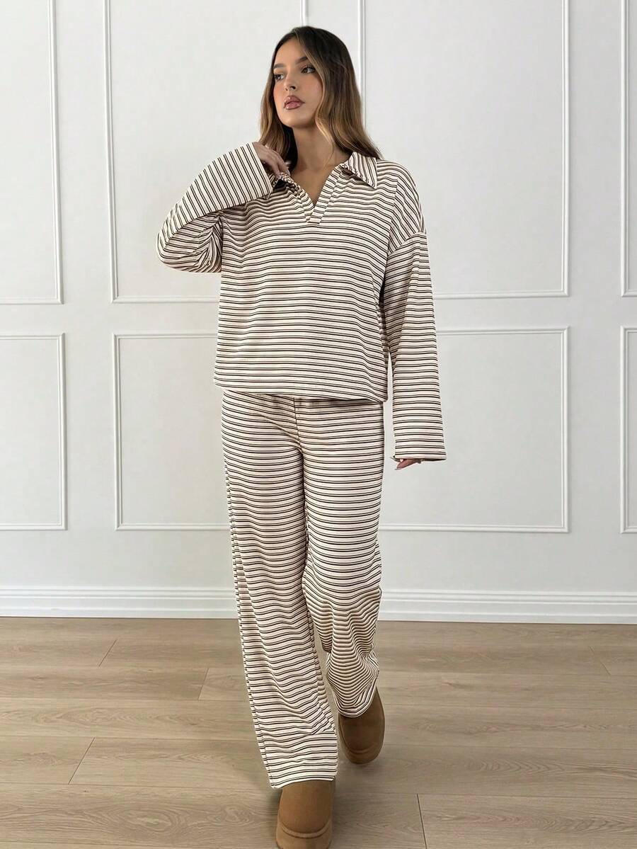 Striped Lounge Set Women Collared Pullover Wide Leg Pants