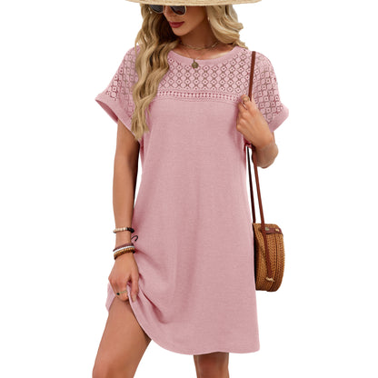 Blue Gray Yoke Loose T Shirt Dress Crew Neck