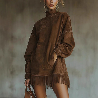 Faux Suede Fringe Dress Mock Neck Long Sleeve Pockets