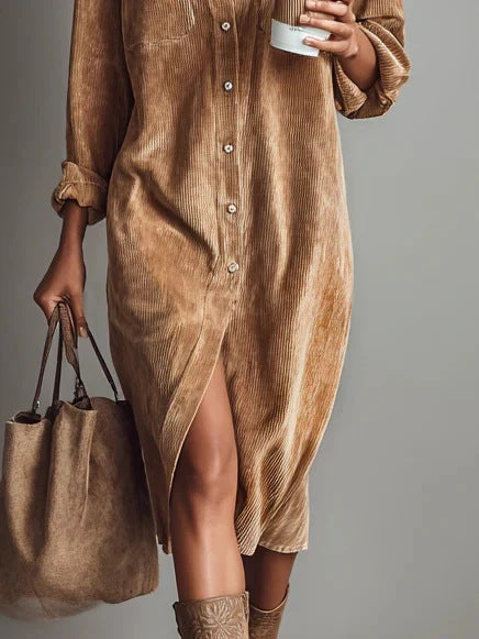 Corduroy Shirt Dress Long Sleeve Button Down Midi
