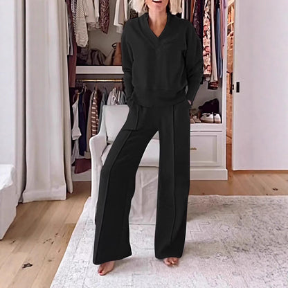 V Neck Two Piece Lounge Set Wide Leg Pants