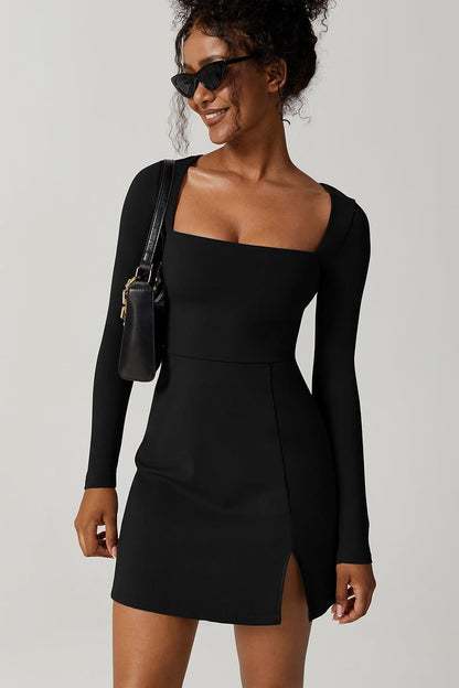 Square Neck Corset Long Sleeve Slit Mini Dress