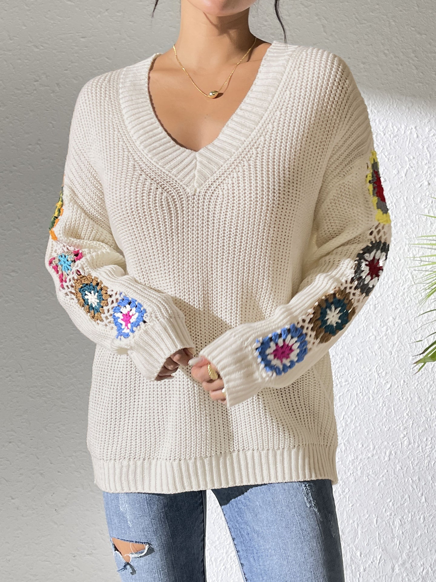 Fall/Winter Casual Loose V-Neck Crochet Floral Sweater