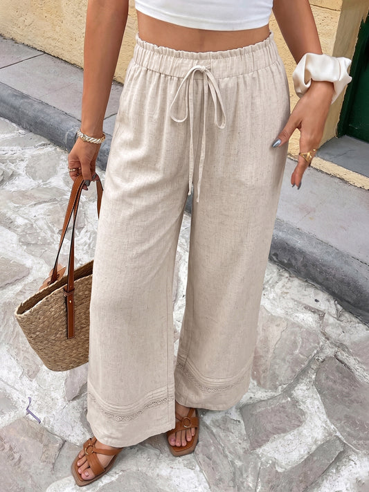 Summer Casual Straight-Leg Pants Elastic Waist Wide Leg Trousers