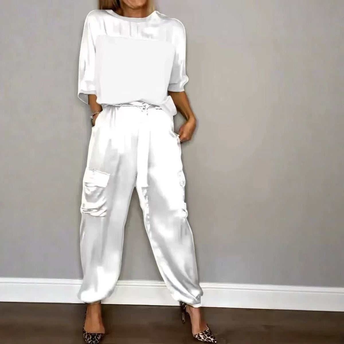 Women's Satin 2 Piece Set Half Sleeve Top Cargo Pants