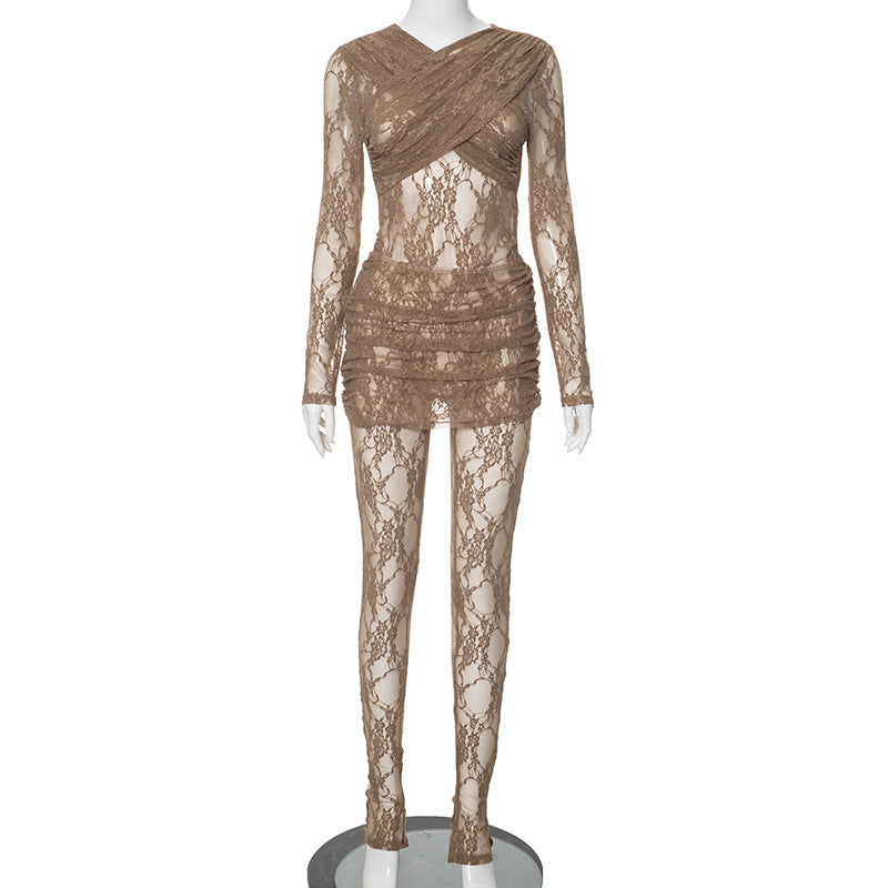 Sexy Lace Sheer Bodysuit Mini Skirt Two Piece Set