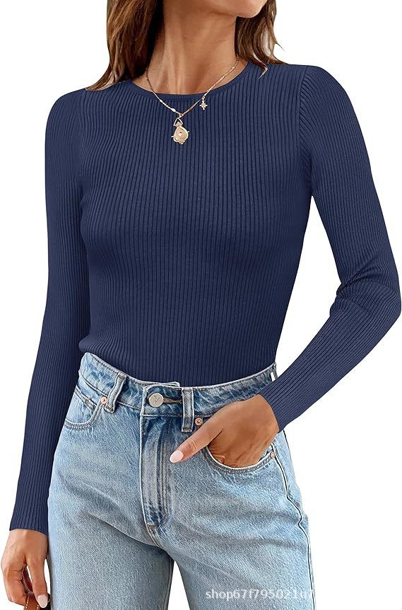 Women's Basic Ribbed Crew Neck Long Sleeve Knit Top