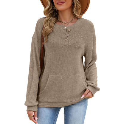 Women's Waffle Knit Henley Long Sleeve Pocket Top