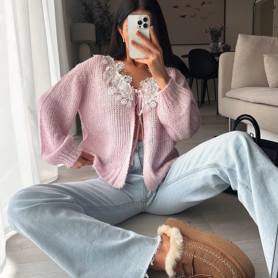 Women's Pink Lace Collar Tie Front Chunky Cardigan